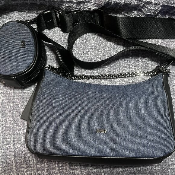 NWT DKNY Denim and Black Crossbody with detachable earbud/coin storage bag - Picture 10 of 10